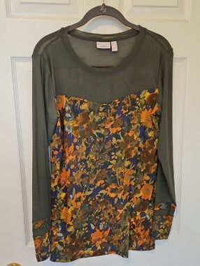 Logo Layers By Lori Goldstein Sheer Olive Green Floral Panel Long Sleeve Top